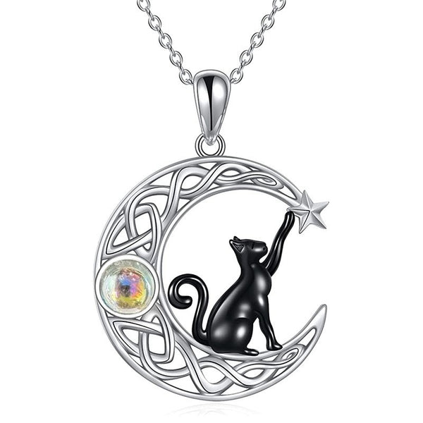 Minimalist Star Moon Black Cat Necklace
