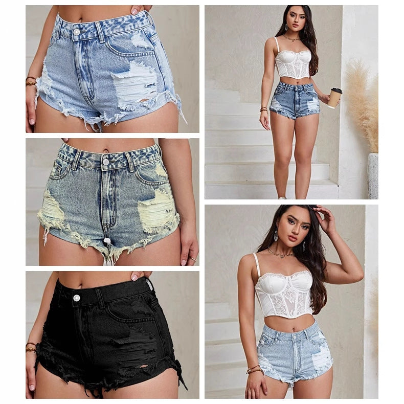 Spot-35860 #Amazon Cross-Border Women's INS Casual High Waist Ripped Rough Rim Denim Shorts Jeans