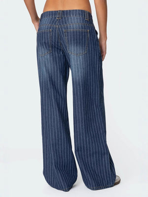 Women's Striped Elegant Commuter Stretch High Waist Straight Leg Jeans