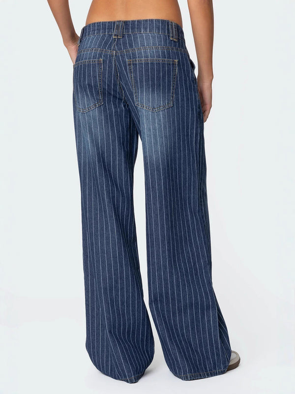 Women's Striped Elegant Commuter Stretch High Waist Straight Leg Jeans