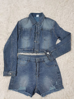 Rhinestone Denim Jacket & Shorts Set