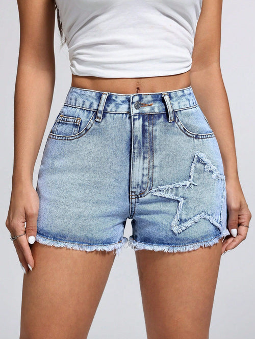 317-65618 #Cross-border foreign trade women's clothing Europe and America INS new casual fashion rough edge star denim shorts