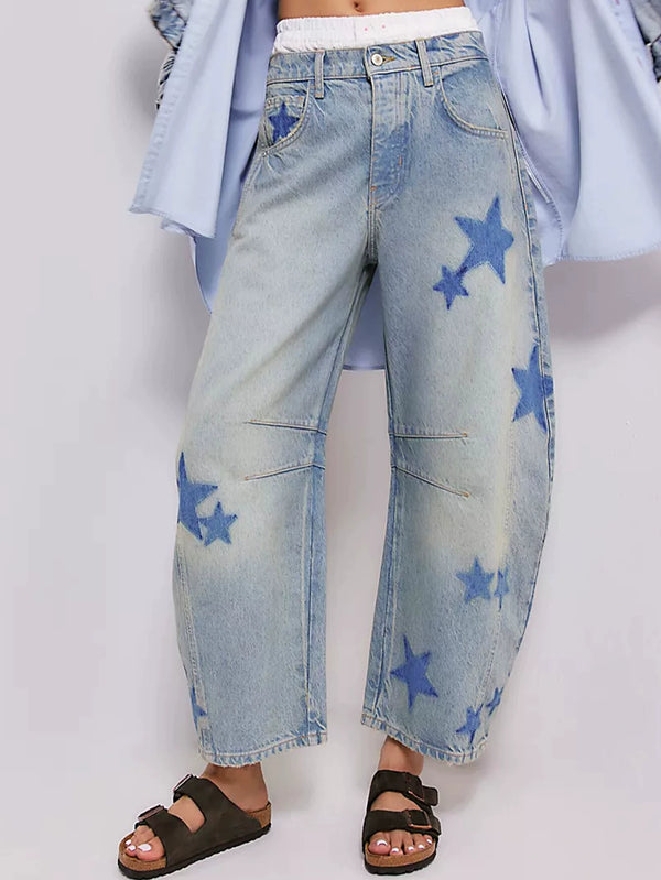 Women's Retro Low-Rise Non-Stretch Washed Printed Wide-Leg Curved-Leg Jeans