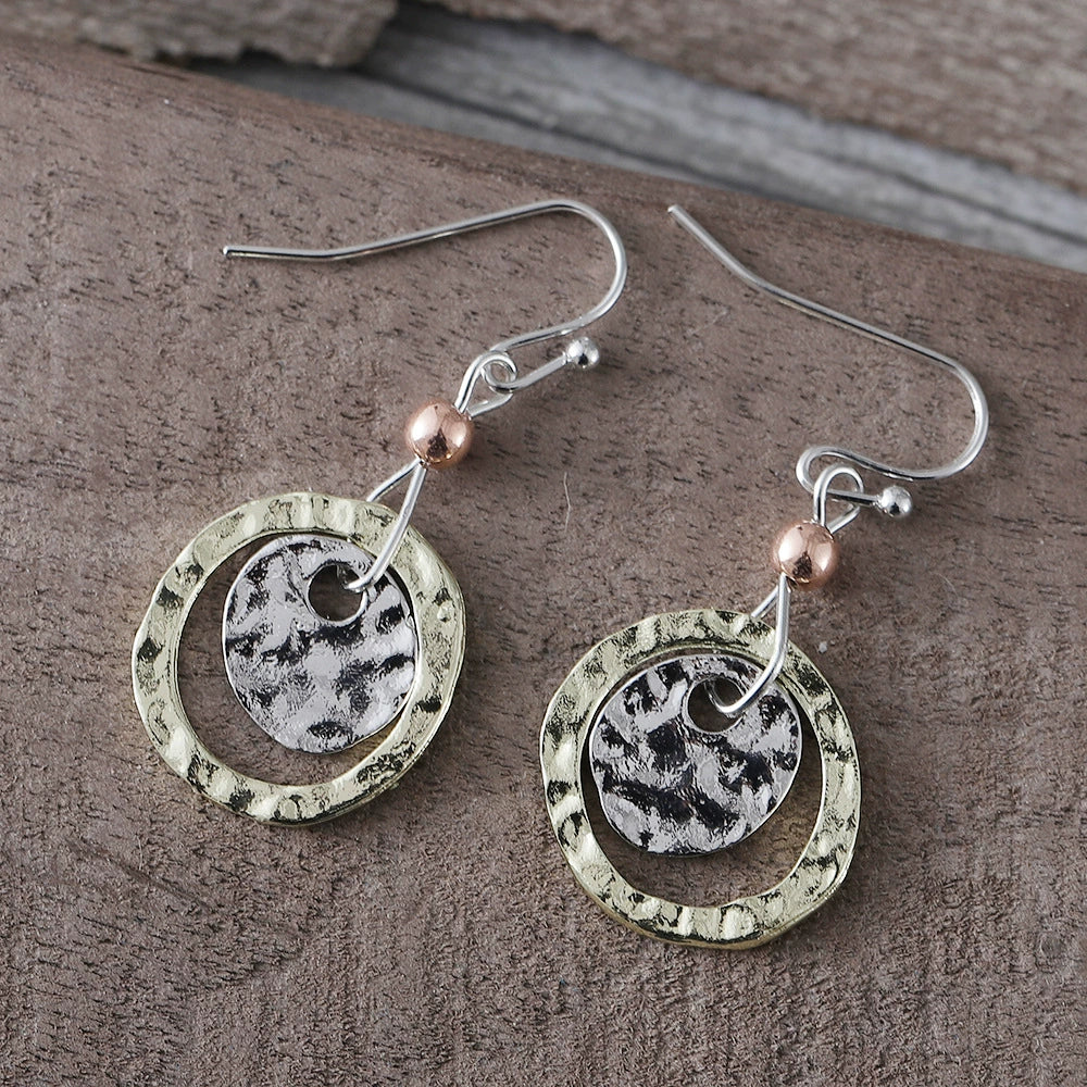 Simple Coin Circle Overlapping Two Tone Earrings