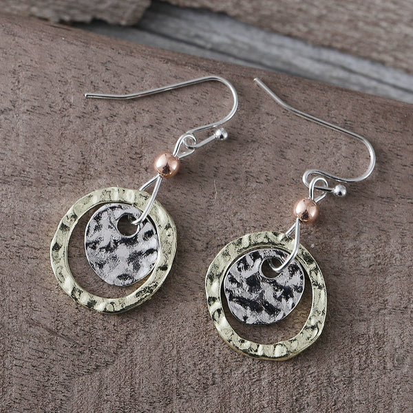 Simple Coin Circle Overlapping Two Tone Earrings