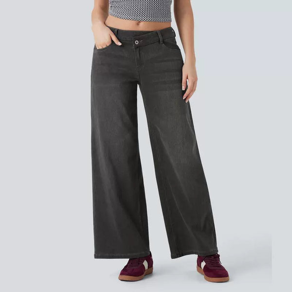 Asymmetric Low Rise Button Zipper Multiple Pockets Wide Leg Jeans