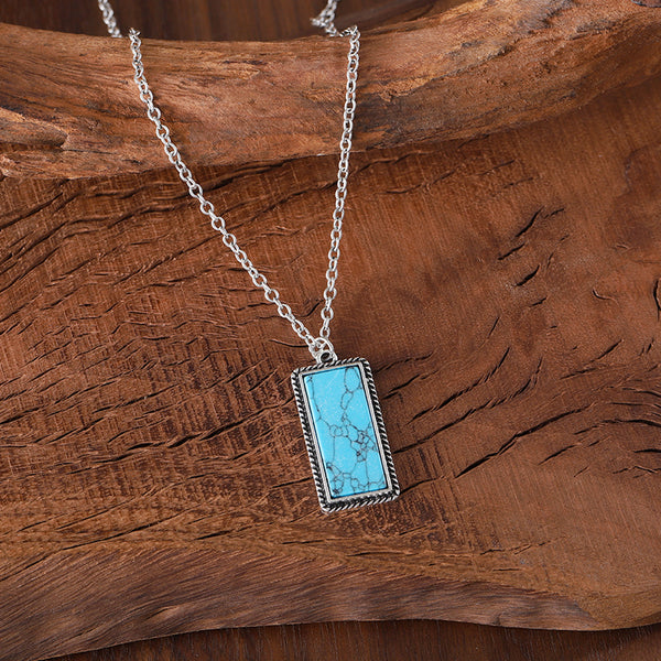 Geometric pendant earrings necklace with rectangular turquoise stones