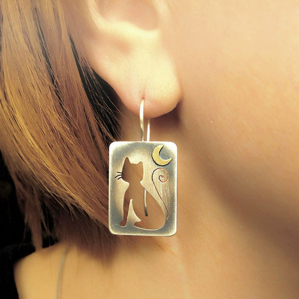 Cute Hollowed Out Cat Crescent Alloy Pendant Square Plaque Earrings