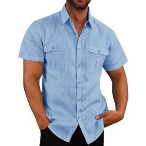 Men's Shirt Double Pocket Cotton Linen Short Sleeve Shirt Casual Vacation Shirt 7 Colors