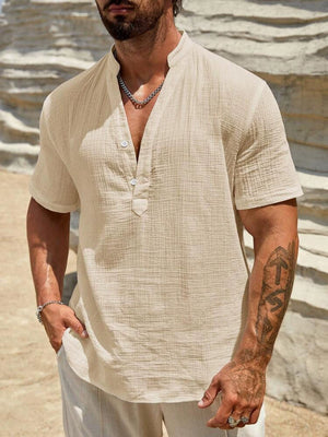 Men's Cotton-linen Solid Color Cuban Collar Shirt