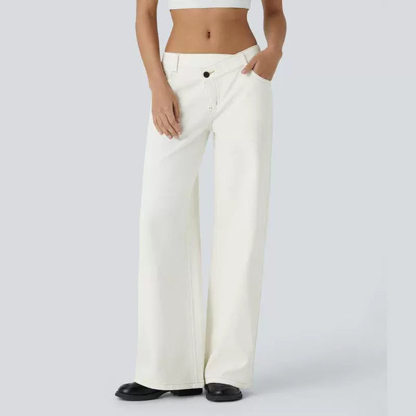 Asymmetric Low Rise Button Zipper Multiple Pockets Wide Leg Jeans