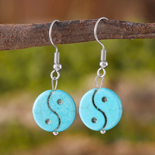 Blue Turquoise Bagua Taiji Dangle Earrings
