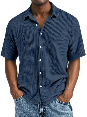 Men's Double-layered Wrinkled Fabric Casual Short Sleeved Shirt with Lapel Collar