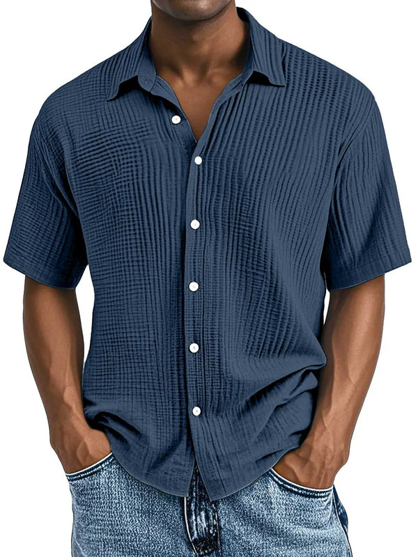 Men's Double-layered Wrinkled Fabric Casual Short Sleeved Shirt with Lapel Collar