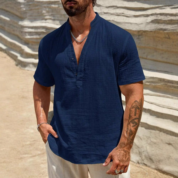 Men's Cotton-linen Solid Color Cuban Collar Shirt