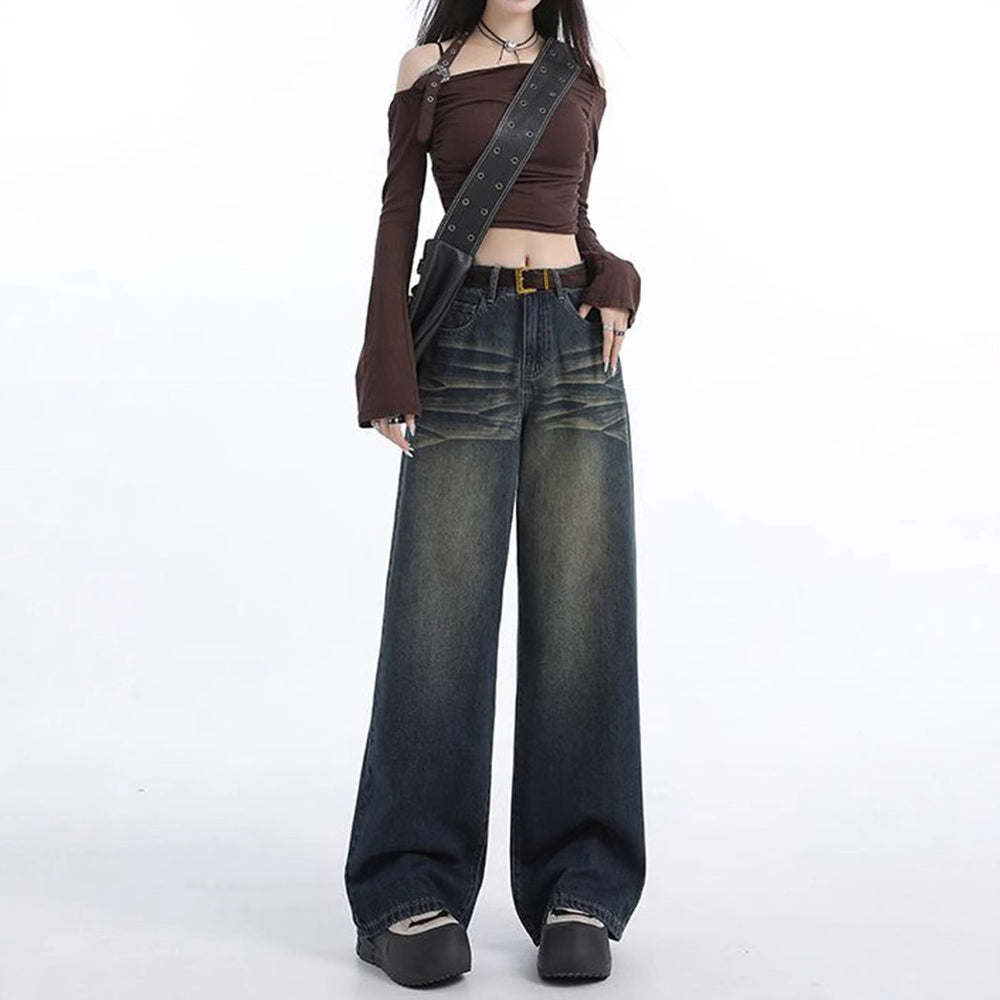 43-YT236 Amazon cross-border American retro Spice Girls women's fashion wide-leg pants straight pants denim trousers