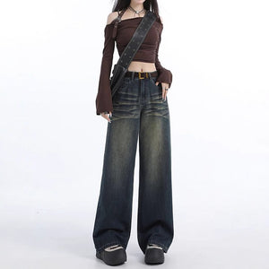 43-YT236 Amazon cross-border American retro Spice Girls women's fashion wide-leg pants straight pants denim trousers