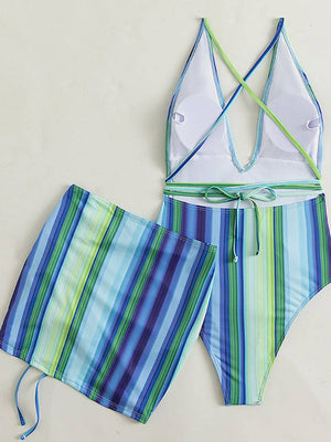 Striped Lace Up One Piece Swimsuit