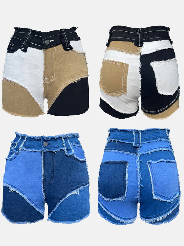 Colorblock Raw Hem Denim Shorts