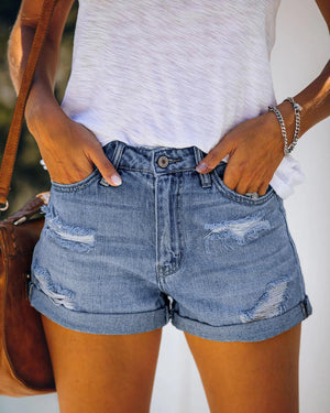 2021 cross-border US Amazon wish explosion independent station foot mouth women's elastic mid-waist denim shorts hole