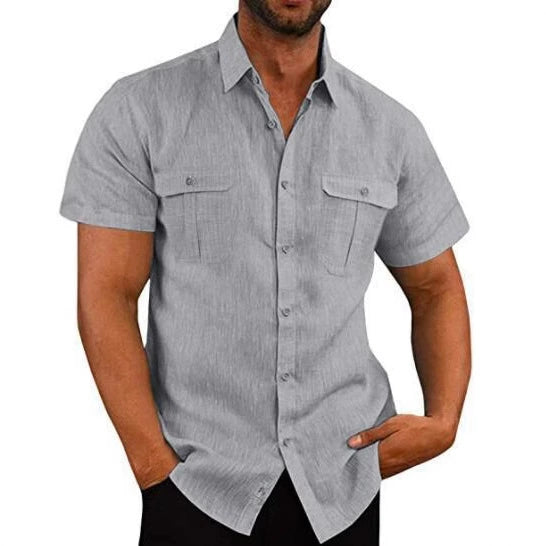 Men's Shirt Double Pocket Cotton Linen Short Sleeve Shirt Casual Vacation Shirt 7 Colors