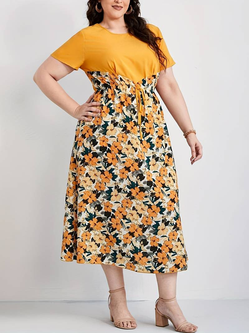 Large Size Floral Color Blocking Skinny Printed Long Dress