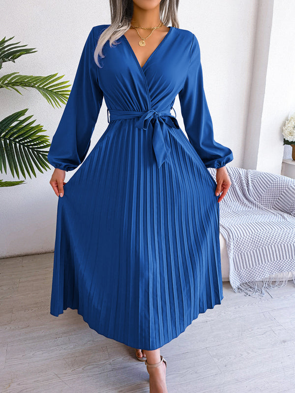 Temperament cross V-neck big swing pleated long dress