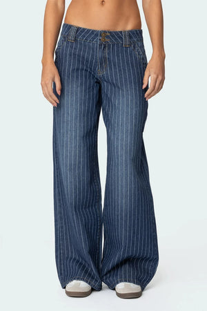 Women's Striped Elegant Commuter Stretch High Waist Straight Leg Jeans