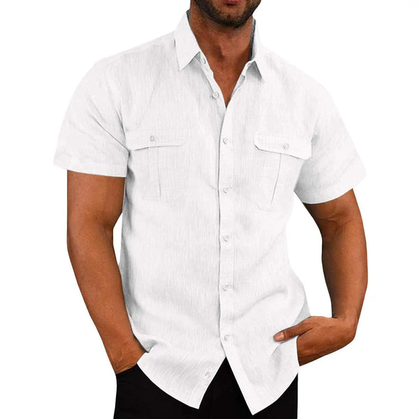 Men's Shirt Double Pocket Cotton Linen Short Sleeve Shirt Casual Vacation Shirt 7 Colors