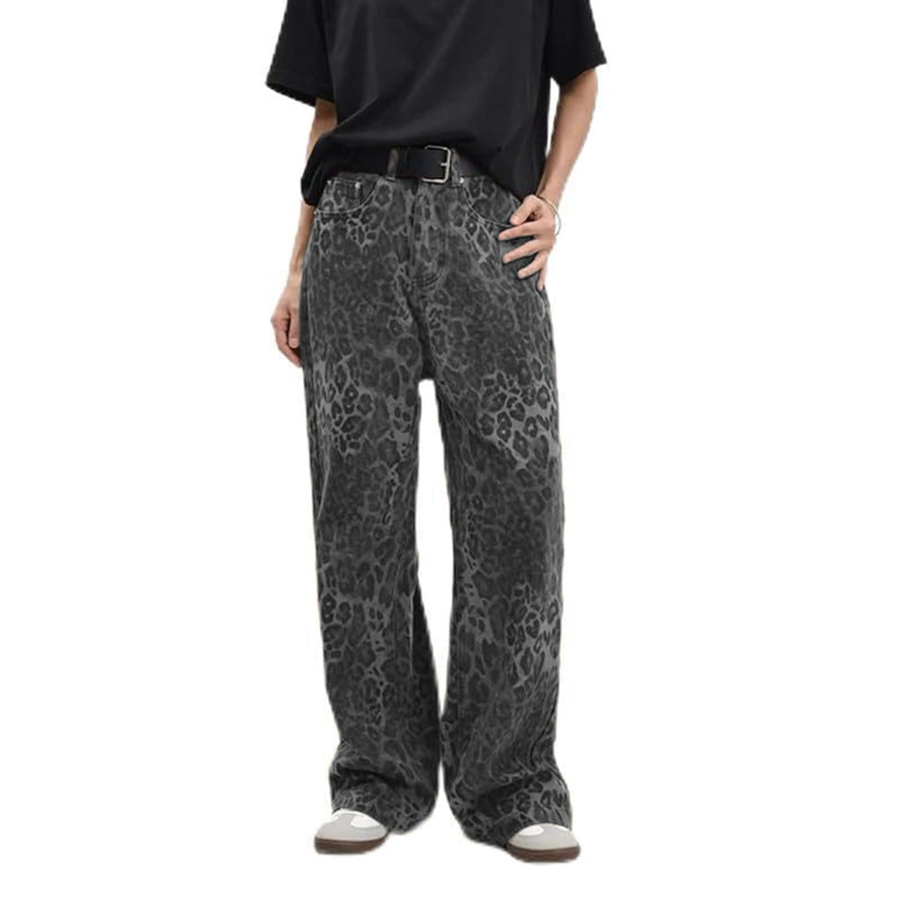 American retro leopard print jeans slim straight loose casual wide-leg pants