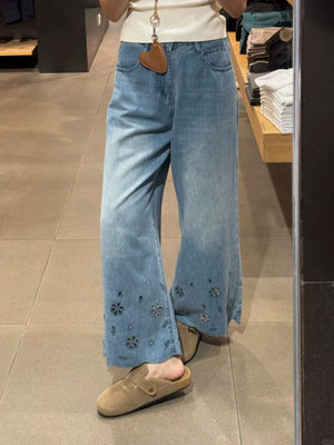High-Waist Plus Size Slimming Straight-Leg Denim Jeans with Cutouts