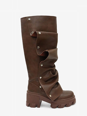 Leather Snap Button Round Toe Boots