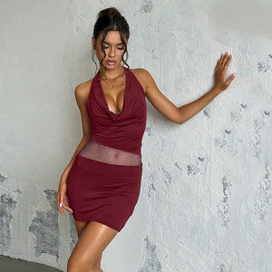 Women's Shiny Mesh Panel Halter Dress