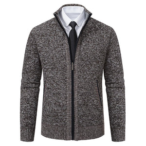 Men's Stand Collar Sweater with Fleece Lining, Thickened Casual Knit Cardigan
