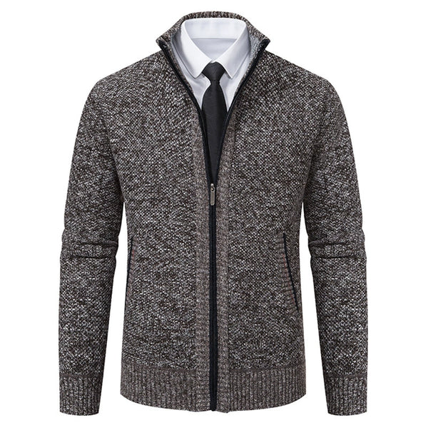 Men's Stand Collar Sweater with Fleece Lining, Thickened Casual Knit Cardigan