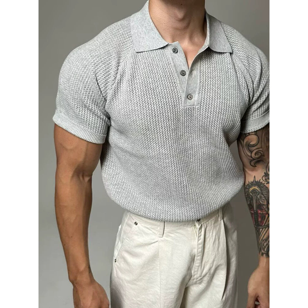 Men's New Summer Short Sleeve Knit Polo Shirt with Cutouts
