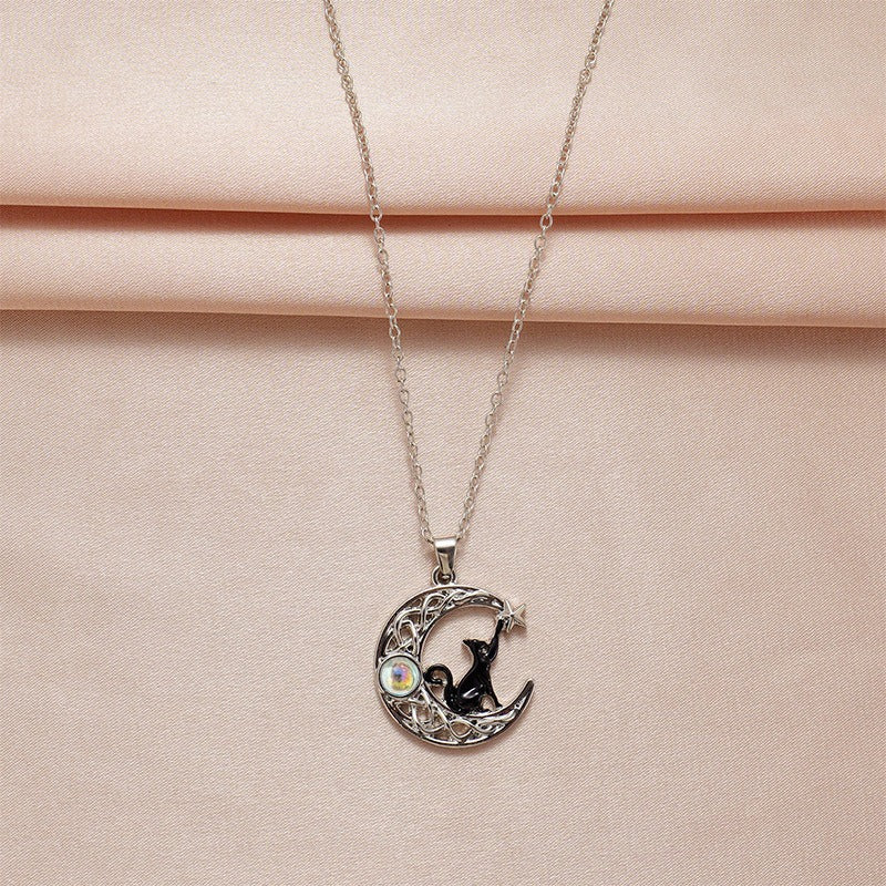 Minimalist Star Moon Black Cat Necklace
