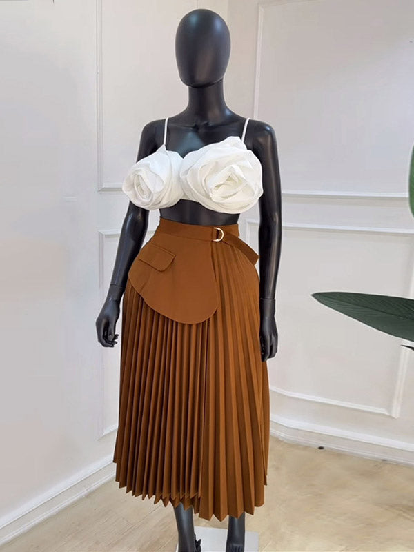 Pleated Belt Midi Skirt