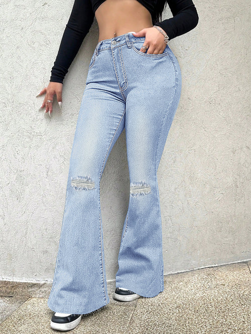 69-Spot-20791 #Amazon Cross-border Foreign Trade Spice Girl Versatile Ripped High Waist Wide Leg Elastic Denim Trousers