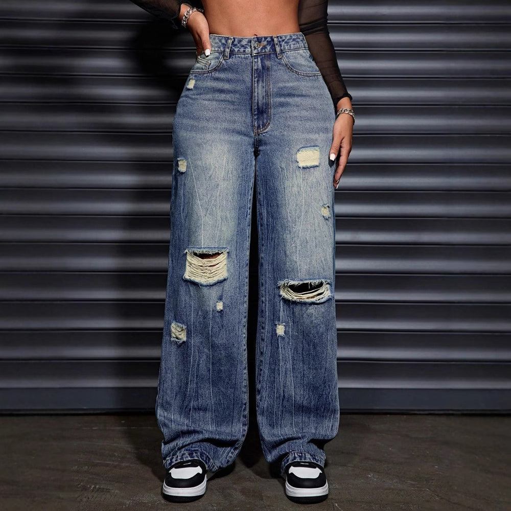 45-Spot-65700 Amazon cross-border foreign trade women's clothing European and American casual loose straight ripped denim trousers