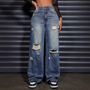 45-Spot-65700 Amazon cross-border foreign trade women's clothing European and American casual loose straight ripped denim trousers