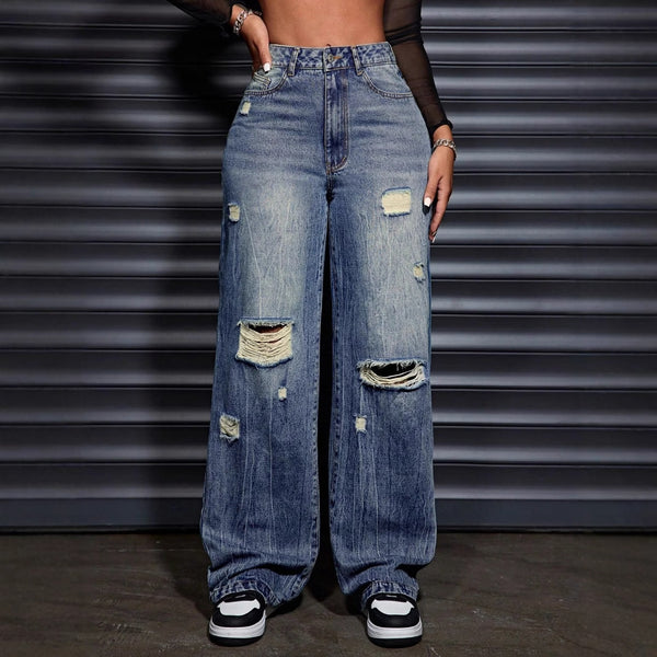 45-Spot-65700 Amazon cross-border foreign trade women's clothing European and American casual loose straight ripped denim trousers