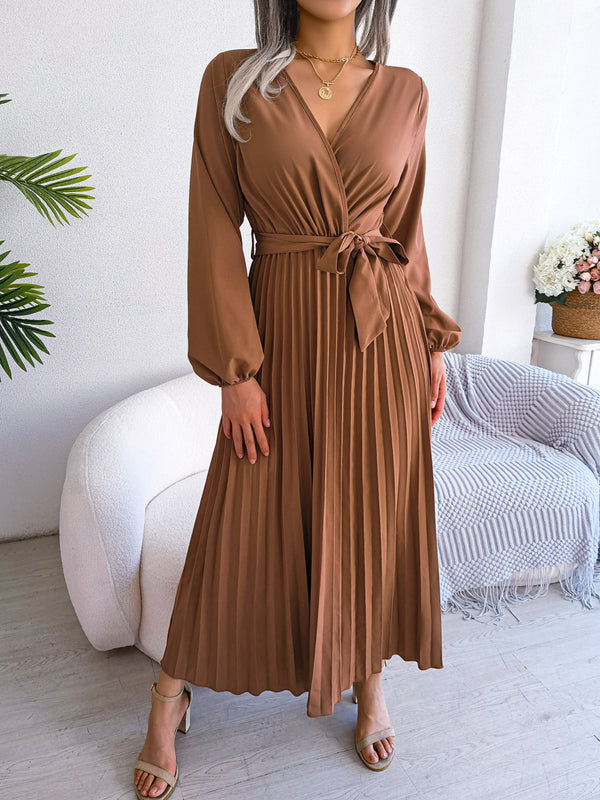 Temperament cross V-neck big swing pleated long dress