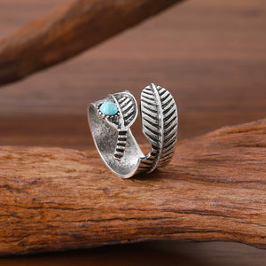 Vintage Leaf Turquoise Open Adjustable Ring