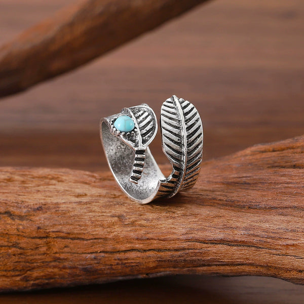 Vintage Leaf Turquoise Open Adjustable Ring