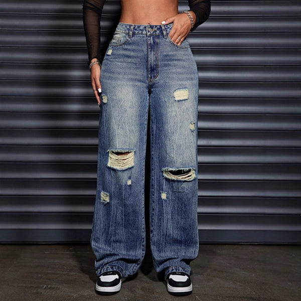 45-Spot-65700 Amazon cross-border foreign trade women's clothing European and American casual loose straight ripped denim trousers