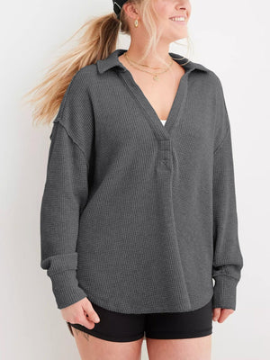 V-Neck Waffle Line Sweatshirt