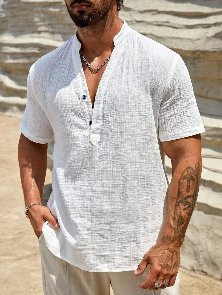 Men's Cotton-linen Solid Color Cuban Collar Shirt
