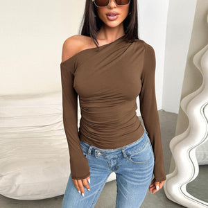 Casual Peplum Slanted Shoulder Mesh Strapless Long Sleeve Top