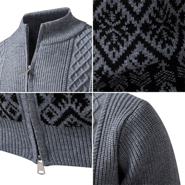 Men's Zipper Cardigan Jacket with Thickened Stand Collar Casual Knit Sweater